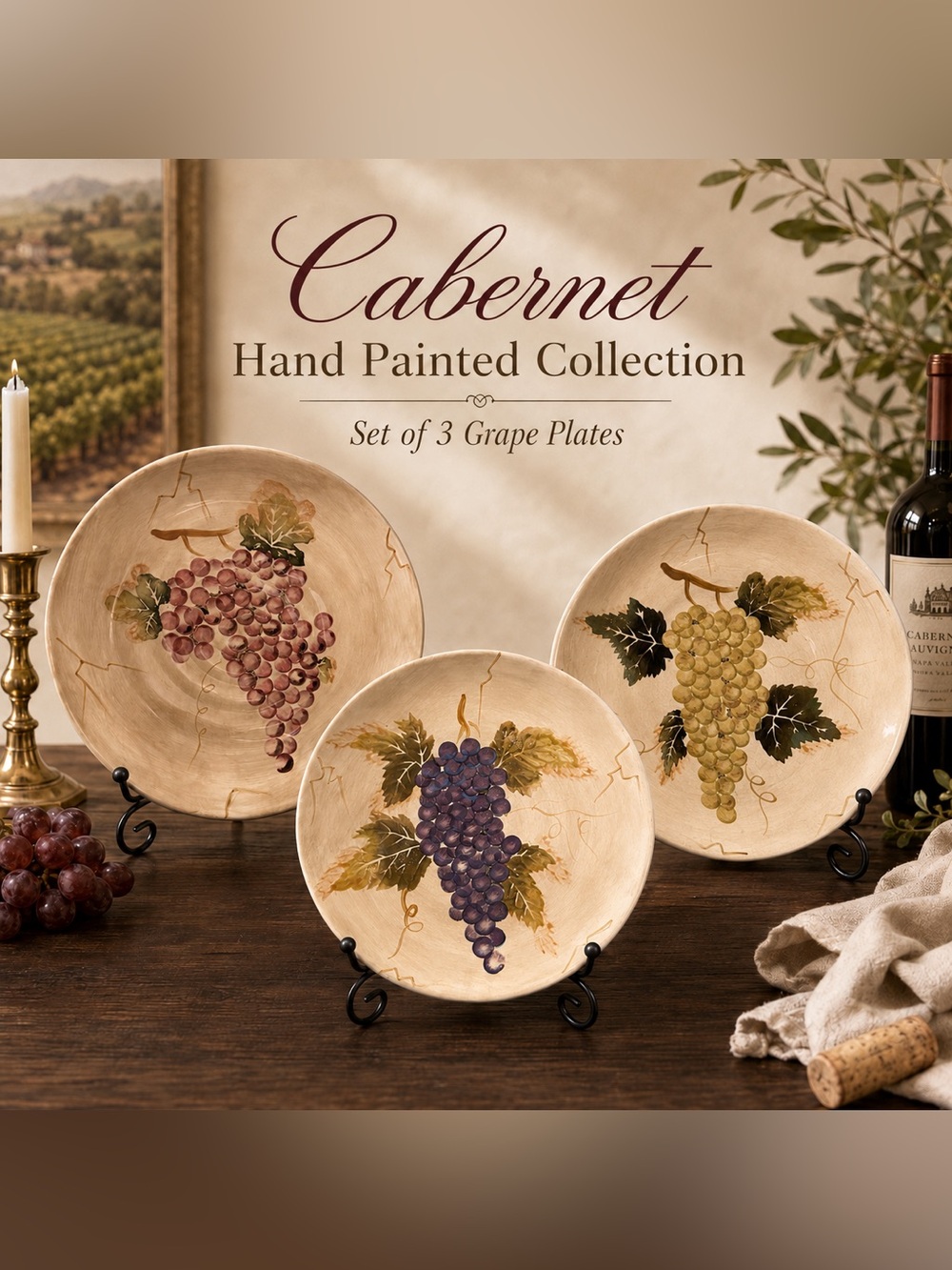 Tabletops Unlimited Cabernet Hand Painted Grape Salad Plates – Set of 3 🍇